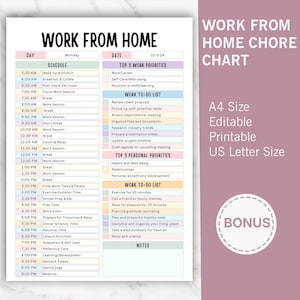 Pode incluir: Um gráfico de tarefas imprimível para trabalhar em casa com um cronograma, principais prioridades e listas de tarefas. O gráfico é tamanho A4, editável e tamanho carta dos EUA. O design inclui uma seção de bônus.