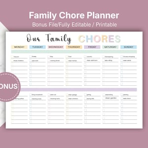 Weekly Family Chore Chart, Daily Checklist ,Editable and Printable PDF ,Family Chore list, Household Family Schedule, A4&US letter Size