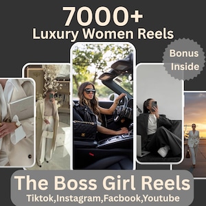 Op de afbeelding: Een advertentie voor "The Boss Girl Reels" met afbeeldingen van vrouwen in luxe omgevingen. De tekst bevat "7000+ Luxury Women Reels" en "Bonus Inside". Sociale mediaplatforms zoals TikTok, Instagram, Facebook en YouTube worden genoemd.