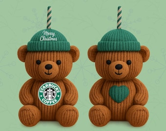 Christmas Starbucks Inspired Bear Png Bundle, Cup Faux Yarn PNG, Crochet Teddy Knit Faux yarn Vintage, Bearista Coffee, Digital Download