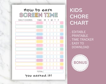 Printable Kids Chore Chart, Editable Screen Time Tracker (PDF)