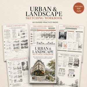 Può includere: Un quaderno di esercizi in PDF stampabile intitolato Urban & Landscape Sketching Workbook con 60 pagine di pratica guidata. Il documento presenta testo, diagrammi e schizzi in bianco e nero di strade cittadine, edifici e parchi su carta bianca.