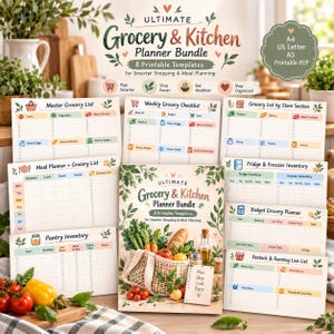 Può includere: Un set di otto modelli stampabili intitolato Ultimate Grocery & Kitchen Planner Bundle per la pianificazione dei pasti e della spesa. Il kit include liste di inventario, budget e liste di controllo settimanali con icone e grafiche delicate.