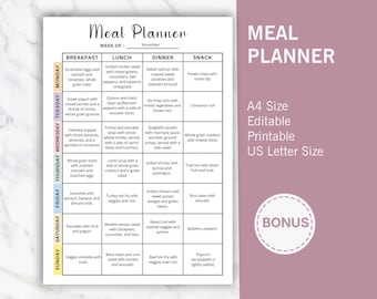 Editable Meal Planner Template, Weekly Menu, Recipe Book (PDF)