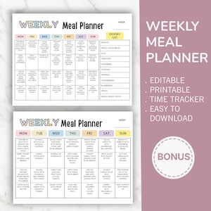 Wöchentlicher Essensplaner und Einkaufsliste, Meal Prep und Einkaufsliste zum Ausdrucken, digital,