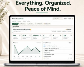 ホームスクールプランナー デジタルダッシュボード | 出席状況トラッカー、成績表、レッスンプランナー、読書記録、予算管理 | 17セクション | サブスクリプション不要