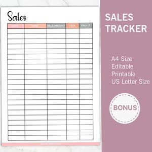 Può includere: Un foglio di monitoraggio delle vendite bianco con un bordo rosa e la parola "Sales" in alto. Il foglio ha colonne per data, articolo, importo della vendita, commissioni e profitto. Il testo a destra dice "SALES TRACKER", "A4 Size", "Editable", "Printable" e "US Letter Size".