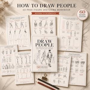 Może przedstawiać: 60-stronicowy zeszyt ćwiczeń do szkicowania postaci zatytułowany How to Draw People, zawierający lekcje dla początkujących i średniozaawansowanych. Zestaw zawiera wiele arkuszy instruktażowych dotyczących gestów, póz, proporcji i fałd odzieży.