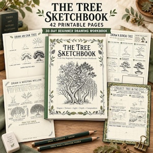 May include: A 42-page printable tree sketchbook and 30-day beginner drawing workbook with instructional sheets for drawing oak, bonsai, and weeping willow trees, plus two dark green pencils and a white eraser with the text Good Lines Brighter Days.