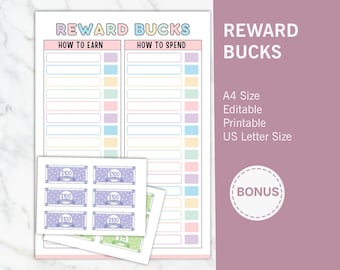 Editable Kids Reward Bucks & Chore Chart: Printable Responsibility System (PDF Download A4 Size Included)