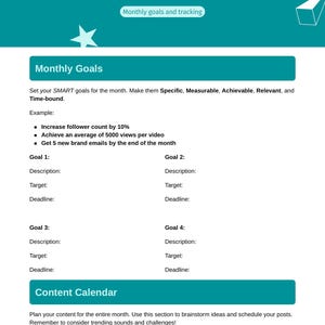 May include: A white TikTok Content Planner with teal accents. The planner includes sections for monthly goals, a content calendar, and example goals. The text reads "Monthly goals and tracking".