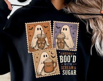 Freshly Boo'd With Scream and Sugar Hoodie, Coquette Ghost Coffee Sweatshirt, Halloween Ghost Sweater, Spooky Season Gift, Cozy Fall Sweater