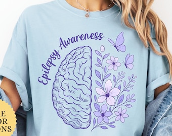 Comfort Colors Brain Epilepsy Awareness Shirt, Awareness Month Gift, Purple Ribbon Tshirt, Epilepsy Warrior, Peace Love,Neurodiversity Shirt