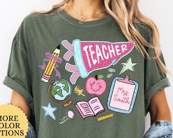 Comfort Colors® Personalized Pennant Flag Teacher Shirt, First Day of School T-Shirt, Cute School Supplies Tee, Teacher Appreciation Gift
