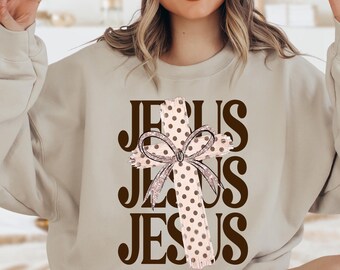 Coquette Jesus Sweatshirt, Christian Cross Bow Hoodie, Christian Mom Gift, Girl Christian Sweater, Preppy Religious Hoodie, Faith Sweater