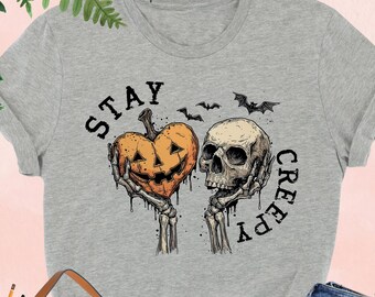 Stay Creepy Shirt, Spooky Skeleton Pumpkin T-Shirt, Womens Halloween Tee, Spooky Season Gift, Skeleton Hands Shirt, Gothic Horror Lover Tee