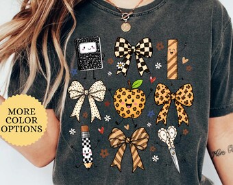 Comfort Colors Coquette Teacher Shirt, Leopard School Supplies T-Shirt, Polka Doth Teach Tee, Cute Back to School Gift, Checkered Pencil Tee