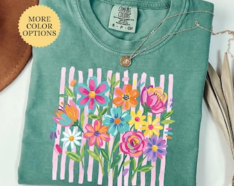 Comfort Colors® Summer Floral Shirt, Spring Flowers T-Shirt, Summer Vibes Gift, Striped Wildflower Tee, Botanical Shirt, Flower Lovers Gift