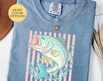 Comfort Colors® Summer Fishing Shirt, Retro Bass Fish T-Shirt, Lake Life Shirt, Coastal Tee, River Shirt, Nature Lover Gift, Angler Shirt