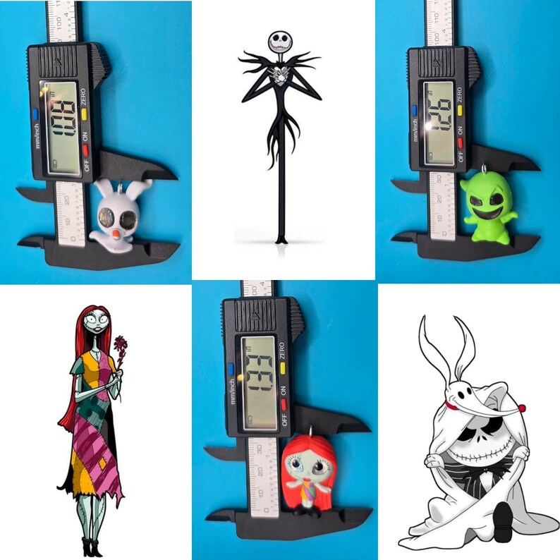 May include: A collection of Nightmare Before Christmas themed items. Includes a Jack Skellington figure, a Sally figure, and a Zero figure. Also includes a white bunny figure, and a green Oogie Boogie figure. Measurements are shown in millimeters.