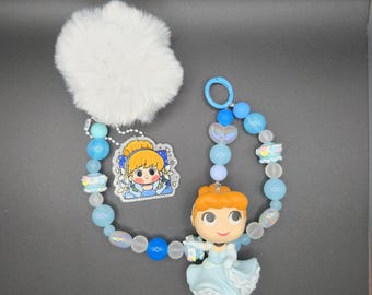 Cinderella Keychain Charm Set w/ Blue Beads & Pom Pom