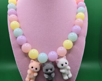 Pastel Beaded Necklace with Fuzzy Kitten Charms – Pink, Yellow, Blue, Lavender, Peach, Gray, White