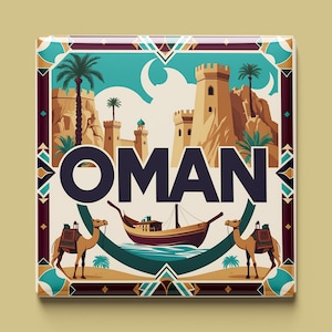 Può includere: Una piastrella colorata con un design geometrico che presenta una città, due cammelli, una barca e la parola "OMAN" in lettere blu scuro e in grassetto.