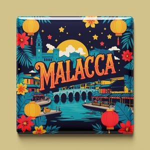 Op de afbeelding: Vierkante magneet met een kleurrijke illustratie van Malakka, Maleisië. Het ontwerp omvat een brug, gebouwen, boten en het woord "MALACCA" in oranje. De achtergrond is donkerblauw met gele lantaarns, bloemen en sterren.