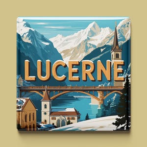 May include: Square art print depicting a stylized landscape of Lucerne, Switzerland. The image shows snow-covered mountains, a bridge, buildings, and the word "LUCERNE" in orange. The colour palette includes blues, whites, and browns.