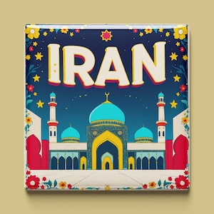 Puede incluir: Una ilustración azul y amarilla de una mezquita con la palabra "IRÁN" en letras amarillas sobre un fondo azul oscuro con estrellas blancas y detalles florales.