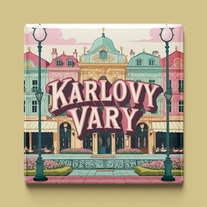 Puede incluir: Imán cuadrado con una colorida ilustración de edificios y el texto "KARLOVY VARY". Los edificios son en tonos rosa, turquesa y dorado, con farolas a ambos lados. Un artículo decorativo.