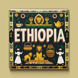 Puede incluir: Una ilustración colorida de un león, una cafetera y otros símbolos culturales con la palabra "ETHIOPIA" en negrita.