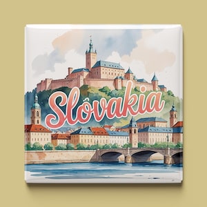 May include: A watercolor painting of a castle on a hill with a river and bridge in the foreground. The text "Slovakia" is written in a stylized font across the middle of the image.