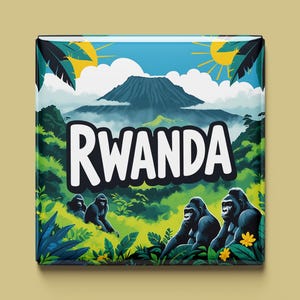 Op de afbeelding: Een kleurrijke illustratie van een bergketen met het woord "RWANDA" in witte letters. De afbeelding toont een groene jungle met gorilla's en gele bloemen.