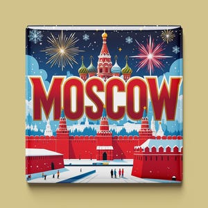 Könnte beinhalten: Quadratischer Magnet mit einer stilisierten Illustration von Moskau. Das Design zeigt die Architektur der Stadt, Feuerwerk und das Wort "MOSKAU" in Rot. Der Hintergrund ist eine Winterszene mit Schnee und blauem Himmel.
