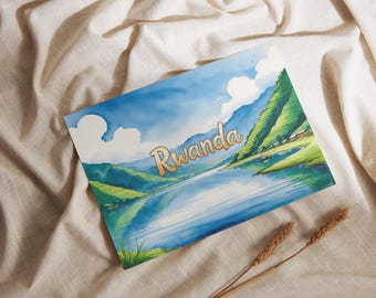 May include: Watercolor painting of a scenic landscape in Rwanda. The artwork depicts a lake surrounded by green hills and mountains under a blue sky with clouds. The word "Rwanda" is written in gold script.