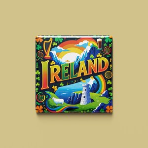 以下が含まれることがあります： 虹色の文字で「IRELAND」と書かれた、黒色の背景を持つカラフルな正方形のマグネット。マグネットには、緑色のクローバー、ハープ、虹、城、羊、ビールジョッキも描かれています。