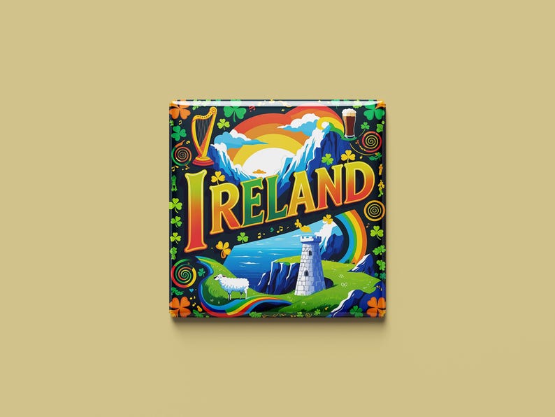以下が含まれることがあります： 虹色の文字で「IRELAND」と書かれた、黒色の背景を持つカラフルな正方形のマグネット。マグネットには、緑色のクローバー、ハープ、虹、城、羊、ビールジョッキも描かれています。