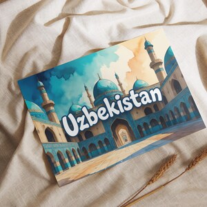 Ansichtkaart van Oezbekistan, Samarkand en de Zijderoute, reissouvenir, cadeau voor Azië-fans, Registanplein, geïllustreerde kaart DINA6