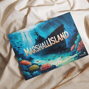 Marshallöarna vykort | Mikronesiens souvenir | Bikiniatollen | Stillahavsöäventyr | Högkvalitativ A6-karta
