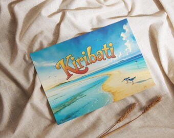 May include: A postcard featuring a beach scene with the word "Kiribati" in orange and yellow lettering. The image shows a blue sky, turquoise water, and a sandy beach with two birds. The postcard is resting on a beige fabric.