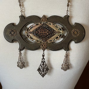 OOAK Bronze Escutcheon Pendant Necklace: Layered Copper Brass Filigree, Celtic Chain