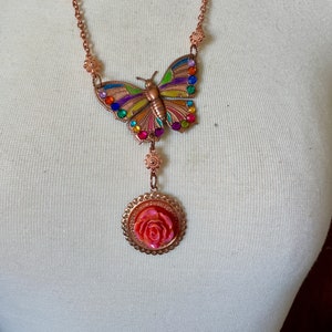 Boho Butterfly Pendant Necklace: Bright Copper, Rhinestones, Flower Beads, OOAK