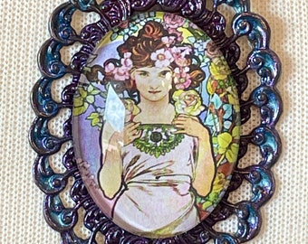 Art Nouveau Girl and Roses OOAK Pendant Necklace, 40x30 Cabochon on Hand Painted Filigree, Purple & Teal, Hand Made Chain with Swallow