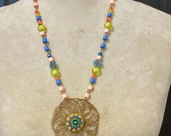 MCM Wire Pendant Necklace: Czech Glass Cabochon, Handmade Chain