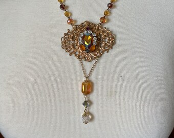 Ornate Czech Rhinestone Glass Button on Fancy Brass Filigree with Beautiful Hand Beaded Chain and Dangle, Golden Glass, OOAK