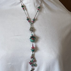 Lampwork Bead Pendant Necklace: Turquoise, Pink, Silver Dangle, OOAK