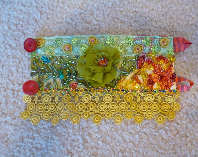 Wrist Cuff Bracelet Floral Fabric Hand Beaded OOAK Etsy
