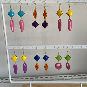 Mod Madness Acrylic Plastic Earrings in Bright, Fun Multicolor Drop Earrings