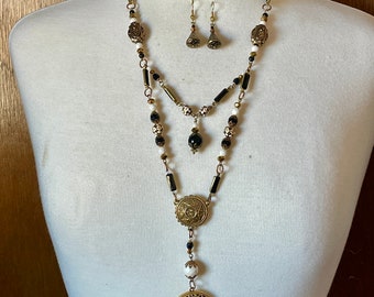 Downton Abbey Style Pendant Necklace & Earrings Black, White, Gold, Locket and Medallion Handmade Chain, Harlequin Beads